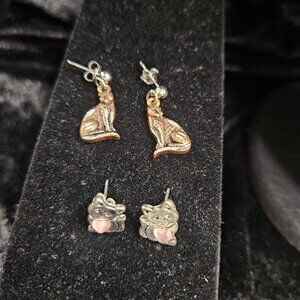 2 pair earrings, 1silver tone with pink stone kitty, copper toned leopard